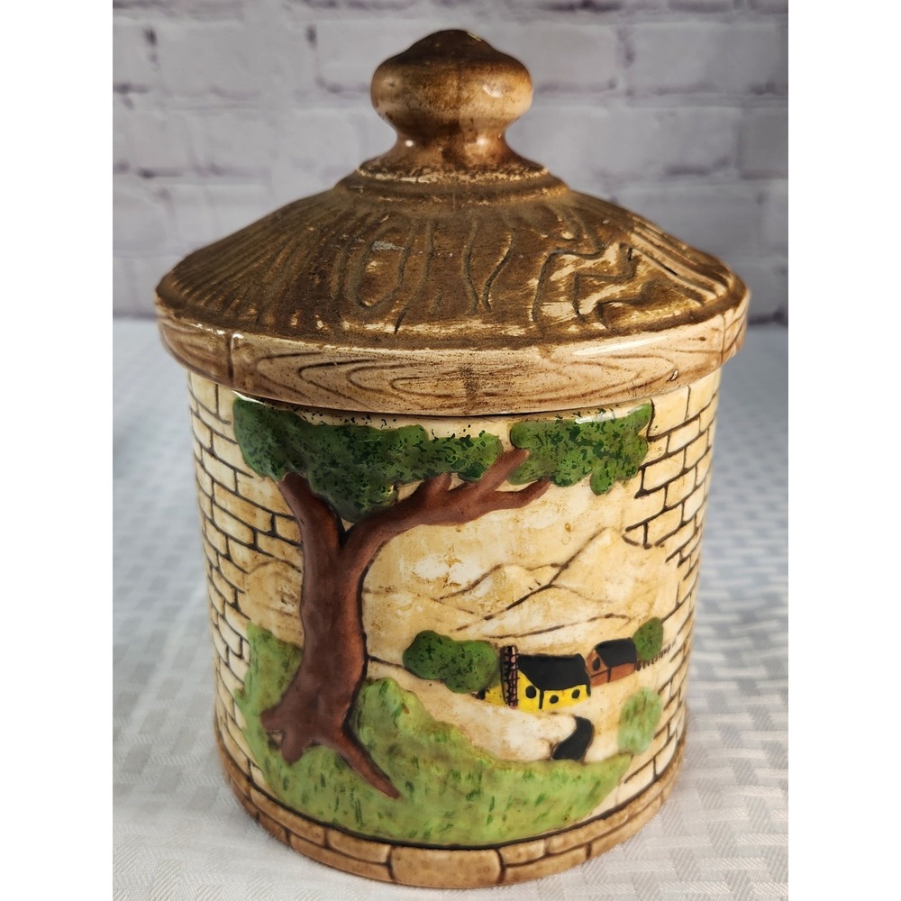 Vintage 1970s Farmhouse Village Cookie Jar Canister Raised Mold Scene
